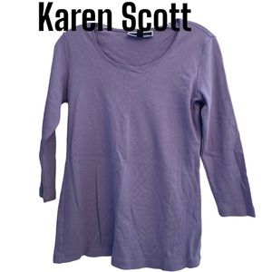 Karen Scott Lilac Scoop Neck 3/4 Sleeve  Cotton Top XS